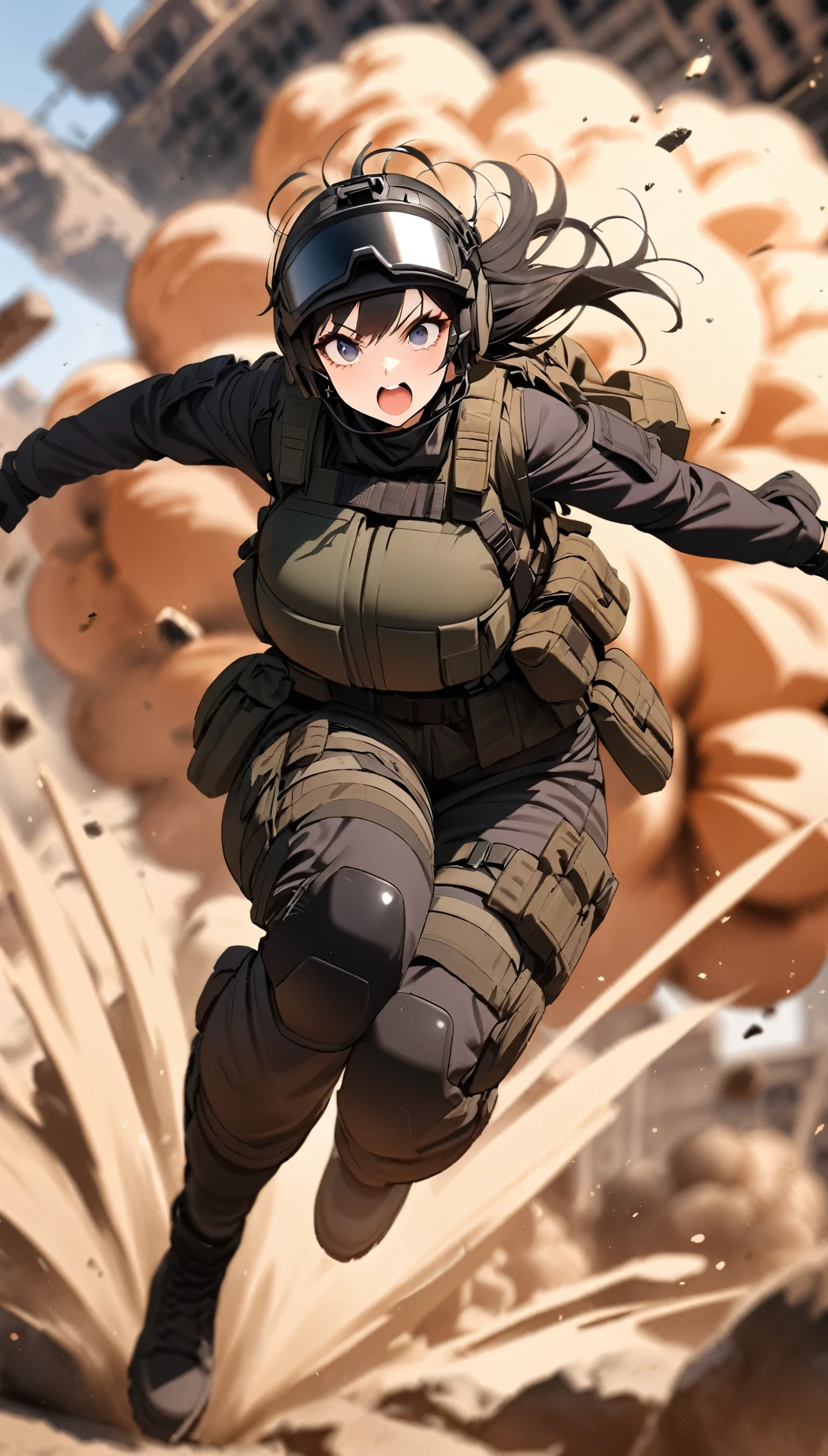 (masterpiece),(Highest quality),(High resolution),(Very detailed),One Woman,Japanese,Black Hair,Short Bob,Beautiful Eyes,Long eyelashes,Beautiful Hair,Beautiful Skin,strict,whole body,break(((Huge explosion behind woman))),Jump to escape the explosion,(Dynamic Movement),((Small machine gun)),SWAT Uniforms,Black bulletproof vest, Combat Boots,Black Tactical Forster,Tactical Headset,Tactical Helmet,(The background is the rubble of ruins),(((Background Blur)))