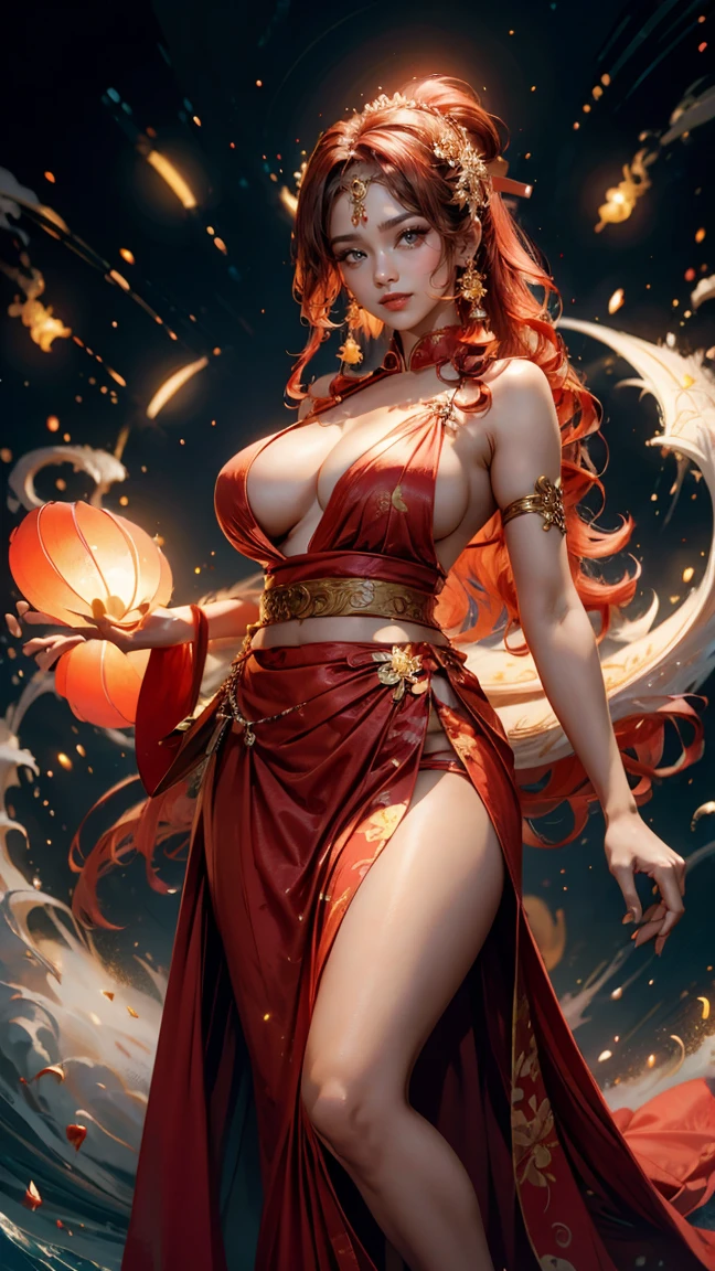 a indian woman in a red skirt posing for a picture, smiley face smile on face, huge breasts, clevage, hot body curves, bian luan, sarong, white sarong, beautiful asian woman, classy yukata clothing, leslie zhang, wearing a red cheongsam, glamorous and sexy geisha, mai anh tran, very long wavy fiery red hair, chinese dress, posing in waikiki, tithi luadthong