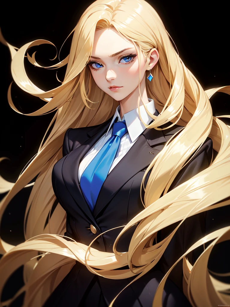 (((Portrait Photo))), She has a Graceful, Commanding 18-Year-Old Appearance, with a Tall, Slender Build, an Elegant Figure, and a Confident Demeanor. She has Long, Flowing Blonde Hair that Cascades Down Her Back, with Strands Falling Gracefully Over Her Shoulders. Her Bright Blue Eyes Shine with a Warm and Assured Look, Conveying a Sense of Leadership and Poise. She Wears a Traditional Consisting of a Black High-Collared Blazer, Paired with a Yellow Shirt Beneath. (((High Quality, Dark Background))), (((Portrait Photo)))