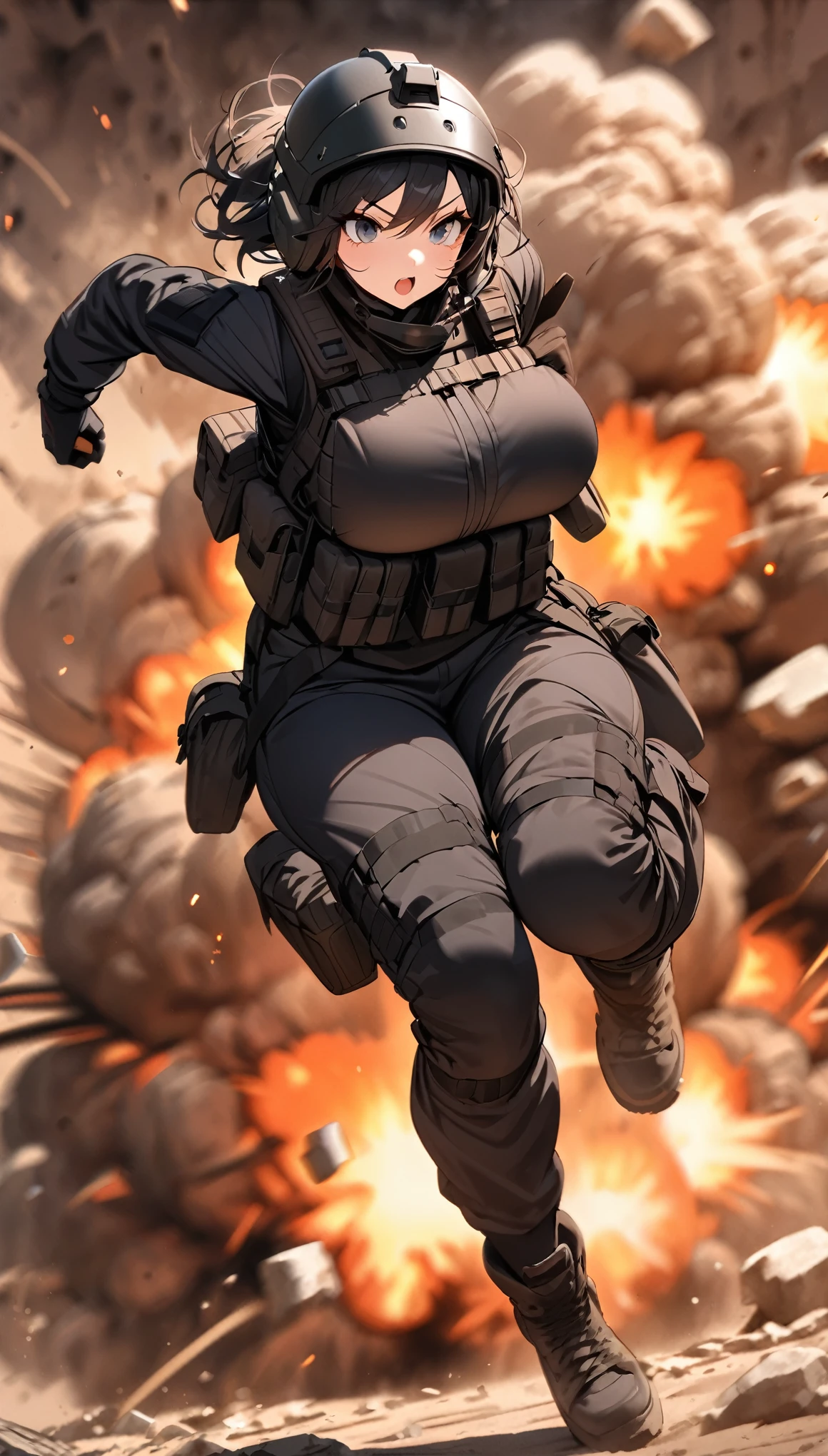 (masterpiece),(Highest quality),(High resolution),(Very detailed),One Woman,Japanese,Black Hair,Short Bob,Beautiful Eyes,Long eyelashes,Beautiful Hair,Beautiful Skin,strict,whole body,break(((Huge explosion behind woman))),Jump to escape the explosion,(Dynamic Movement),((Small machine gun)),SWAT Uniforms,Black bulletproof vest, Combat Boots,Black Tactical Forster,Tactical Headset,Tactical Helmet,(The background is the rubble of ruins),(((Background Blur)))