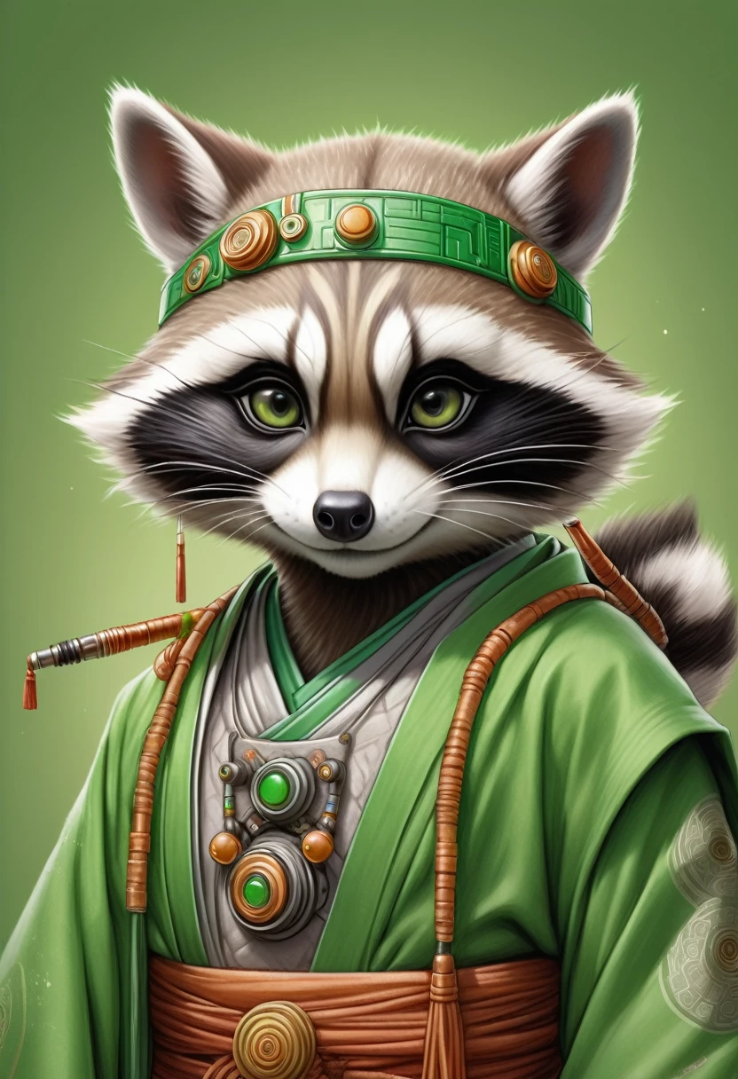 Masterpiece, best quality, an anthropomorphic robot raccoon wearing Buddhist monk robes, with half of its face showing robotic components, complete green background, drawn by pencil, digital art, art by Hiromu Arakawa, Osamu Tezuka, 8K, beautiful drawing, highly detailed, concept art, sharp focus, ultra-realistic illustration, anime++