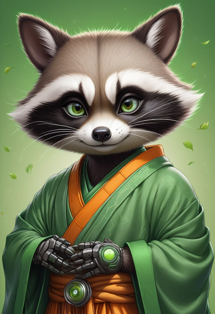 Masterpiece, best quality, an anthropomorphic robot raccoon wearing Buddhist monk robes, with half of its face showing robotic components, complete green background, drawn by pencil, digital art, art by Hiromu Arakawa, Osamu Tezuka, 8K, beautiful drawing, highly detailed, concept art, sharp focus, ultra-realistic illustration, anime++
