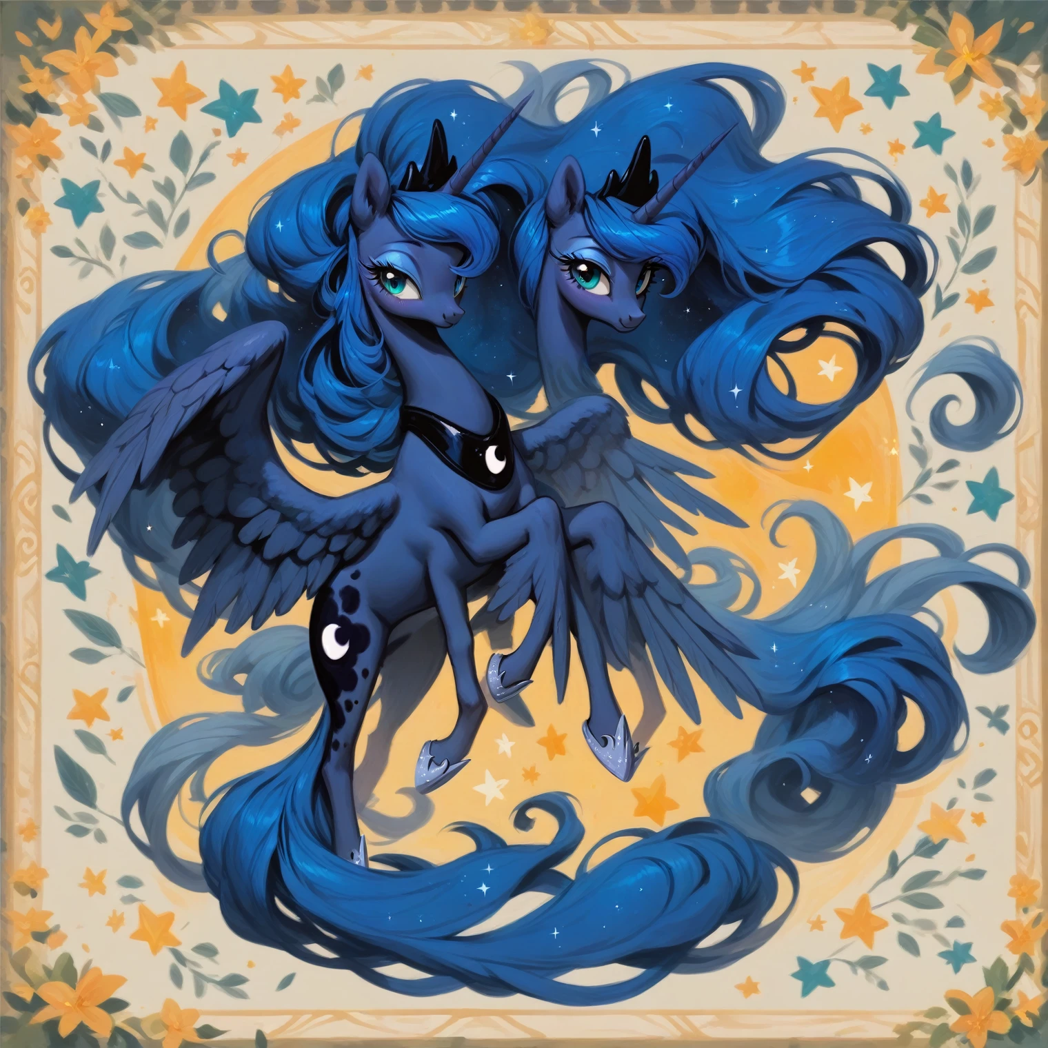 score_9, score_8_up, score_7_up, score_6_up, score_5_up, score_4_up, rating_safe, feral pony, princess luna, fluffy ears, smile, beautiful, pretty, eyeshadow, starry eyes, long mane