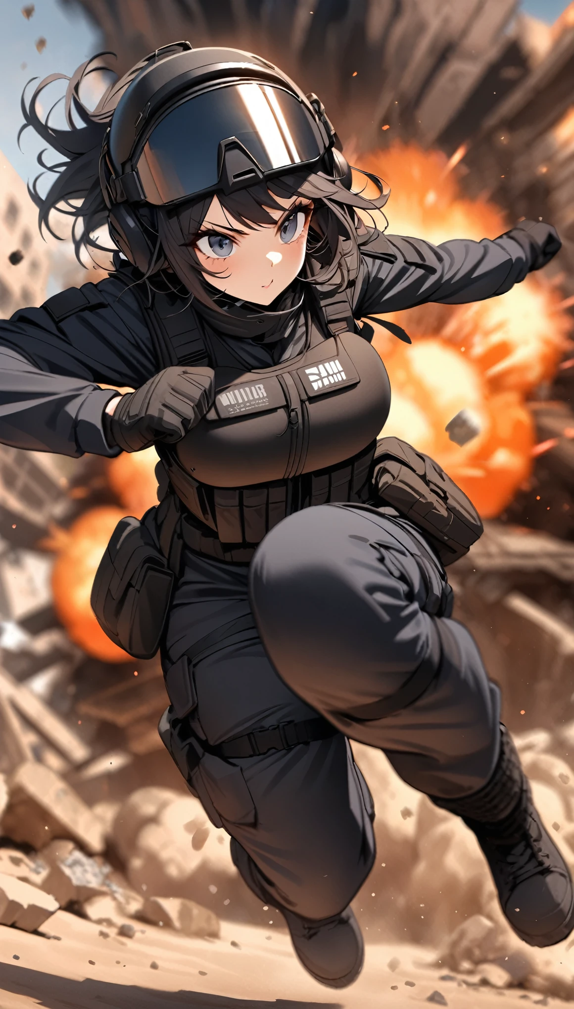 (masterpiece),(Highest quality),(High resolution),(Very detailed),One Woman,Japanese,Black Hair,Short Bob,Beautiful Eyes,Long eyelashes,Beautiful Hair,Beautiful Skin,strict,whole body,break(((Huge explosion behind woman))),Jump to escape the explosion,(Dynamic Movement),((Small machine gun)),SWAT Uniforms,Black bulletproof vest, Combat Boots,Black Tactical Forster,Tactical Headset,Tactical Helmet,(The background is the rubble of ruins),(((Background Blur)))