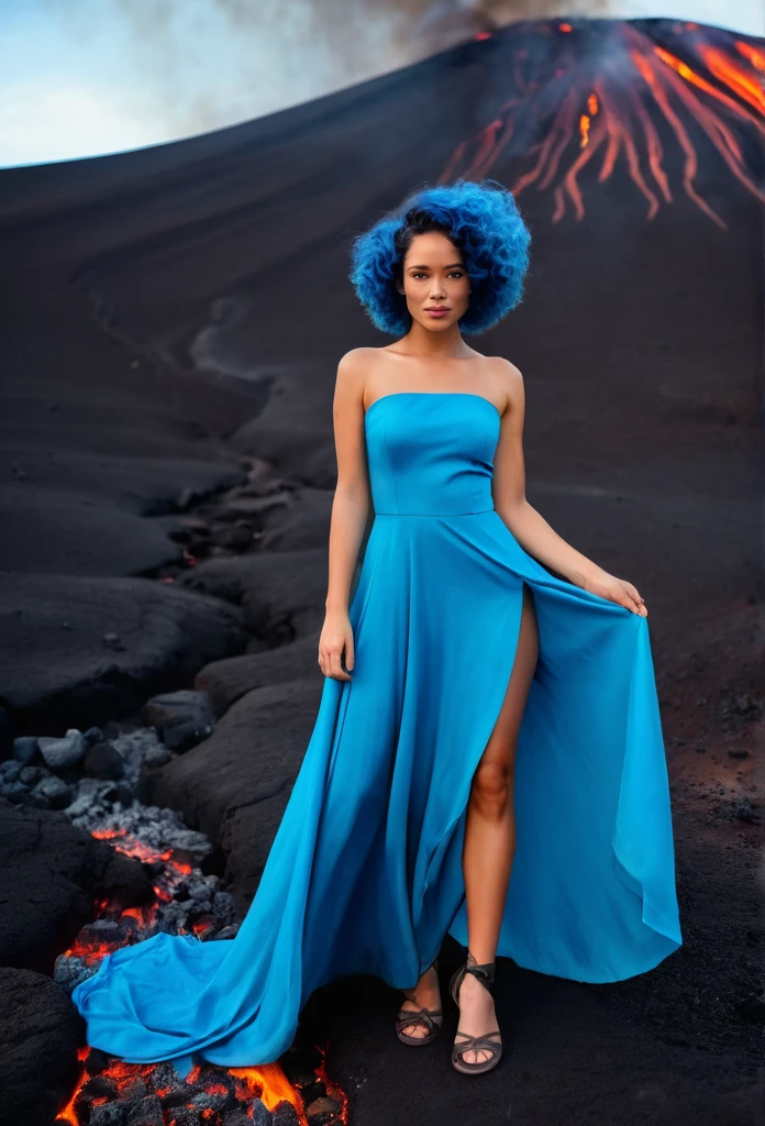 beautiful biracial woman, full body, magma dress, blue eyes,blue hair,in volcan, magma on the floor, fire and heat,