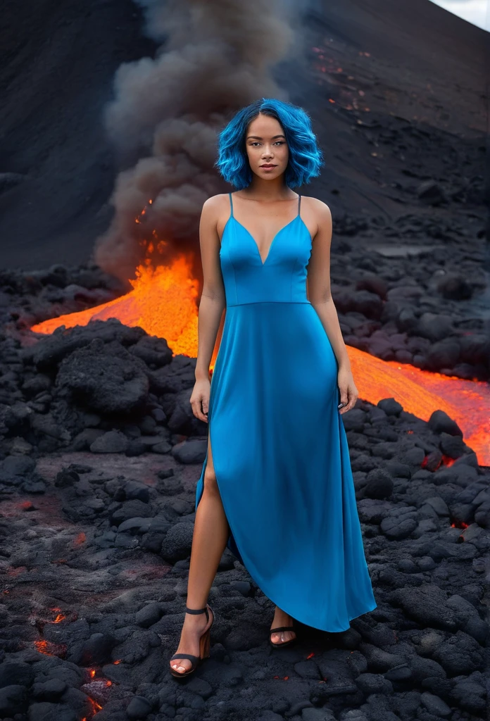 beautiful biracial woman, full body, magma dress, blue eyes,blue hair,in volcan, magma on the floor, fire and heat,