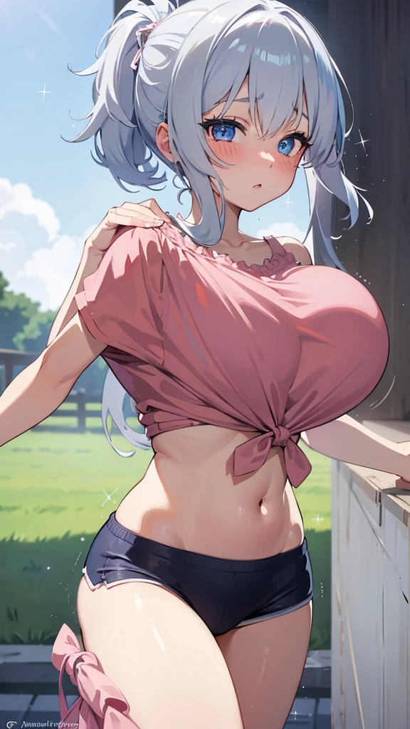 Masterpiece, best quality, ultra detailed,Girl, anime, cowboy shot,Baby face,Huge breasts,Bare skin, long hair, gradient hair, sparkling eyes, heterochromia, blushing,night,