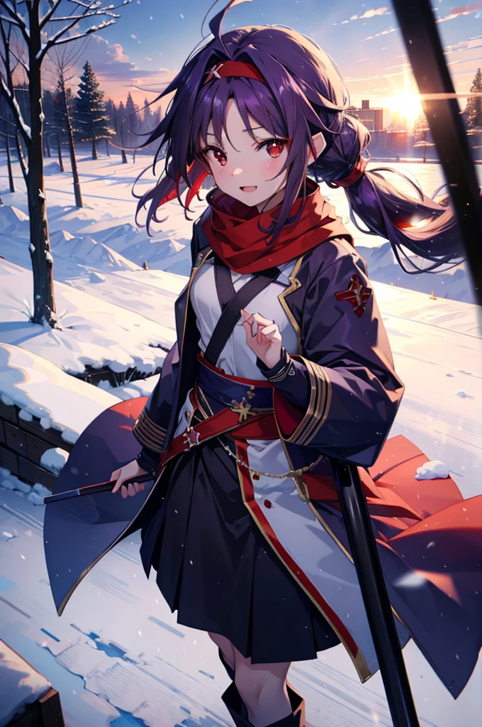 yuukikonno, Konno Yuuki, Long Hair, Pointed Ears, Purple Hair, (Red eyes:1.5), (Small breasts:1.2), Open your mouth,happy smile, smile, Open your mouth,hair band,low ponytail,Red Scarf,Purple long coat,sweater,Long skirt,short boots,snowが降っている,snowが降り積もっている,snow,snow,snow,snow,winter,Cold night,Walking,whole bodyがイラストに入るように,Looking down from above,
break looking at viewer, whole body,
break outdoors, In town,
break (masterpiece:1.2), Highest quality, High resolution, unity 8k wallpaper, (figure:0.8), (Beautiful attention to detail:1.6), Highly detailed face, Perfect lighting, Highly detailed CG, (Perfect hands, Perfect Anatomy),