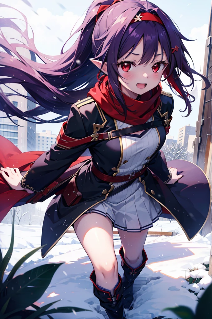 yuukikonno, Konno Yuuki, Long Hair, Pointed Ears, Purple Hair, (Red eyes:1.5), (Small breasts:1.2), Open your mouth,happy smile, smile, Open your mouth,hair band,low ponytail,Red Scarf,Purple long coat,sweater,Long skirt,short boots,snowが降っている,snowが降り積もっている,snow,snow,snow,snow,winter,Cold night,Walking,whole bodyがイラストに入るように,Looking down from above,
break looking at viewer, whole body,
break outdoors, In town,
break (masterpiece:1.2), Highest quality, High resolution, unity 8k wallpaper, (figure:0.8), (Beautiful attention to detail:1.6), Highly detailed face, Perfect lighting, Highly detailed CG, (Perfect hands, Perfect Anatomy),