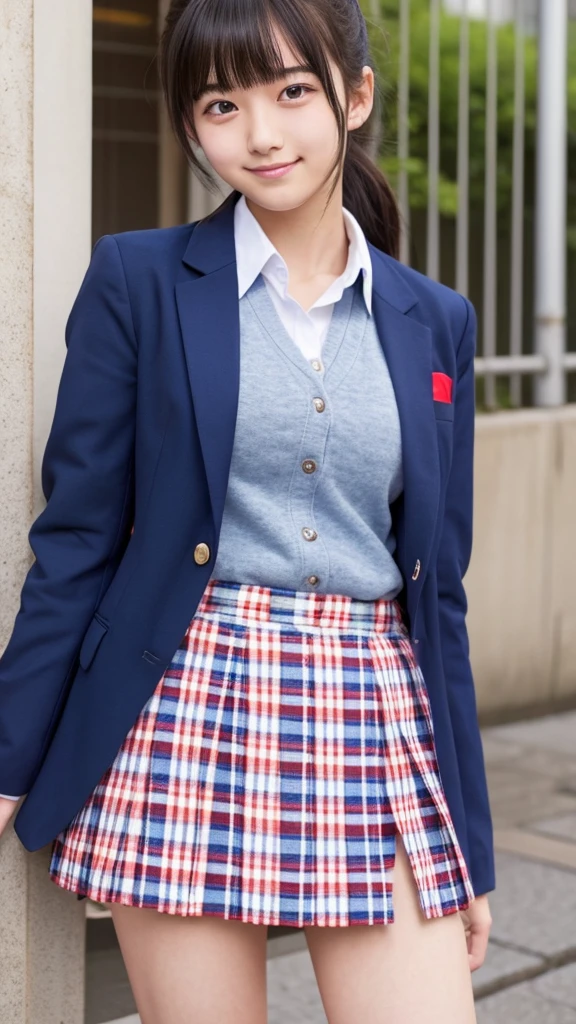 Japanese 18 year old high school girl、Navy blue blazer uniform、Red and blue checkered mini skirt、Winking with his right eye