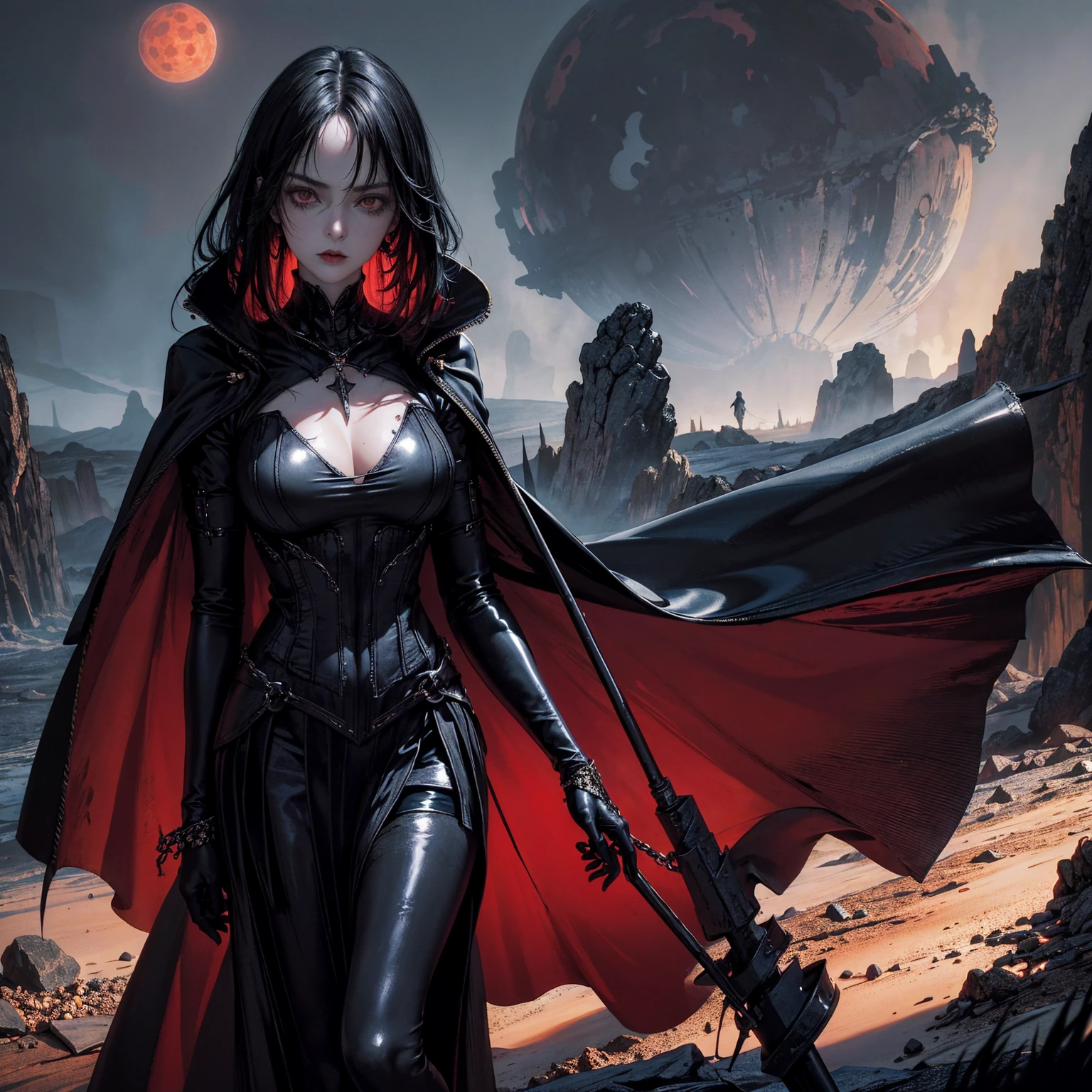 best quality, 4k, high resolution, masterpiece:1.2, Very detailed, actual:1.37, Mood lighting, Girl in a long cape, Wearing a reflective rubber latex skirt that shows a little skin above the chest, Dangerous sneer, Black Hair, Standing, Face facing the camera, Crucified, Pitch black sky, Blood-red moon, strange atmosphere, Gothic style, Unforgettable beauty, Dramatic shadows, Ethereal Light, Mysterious atmosphere.