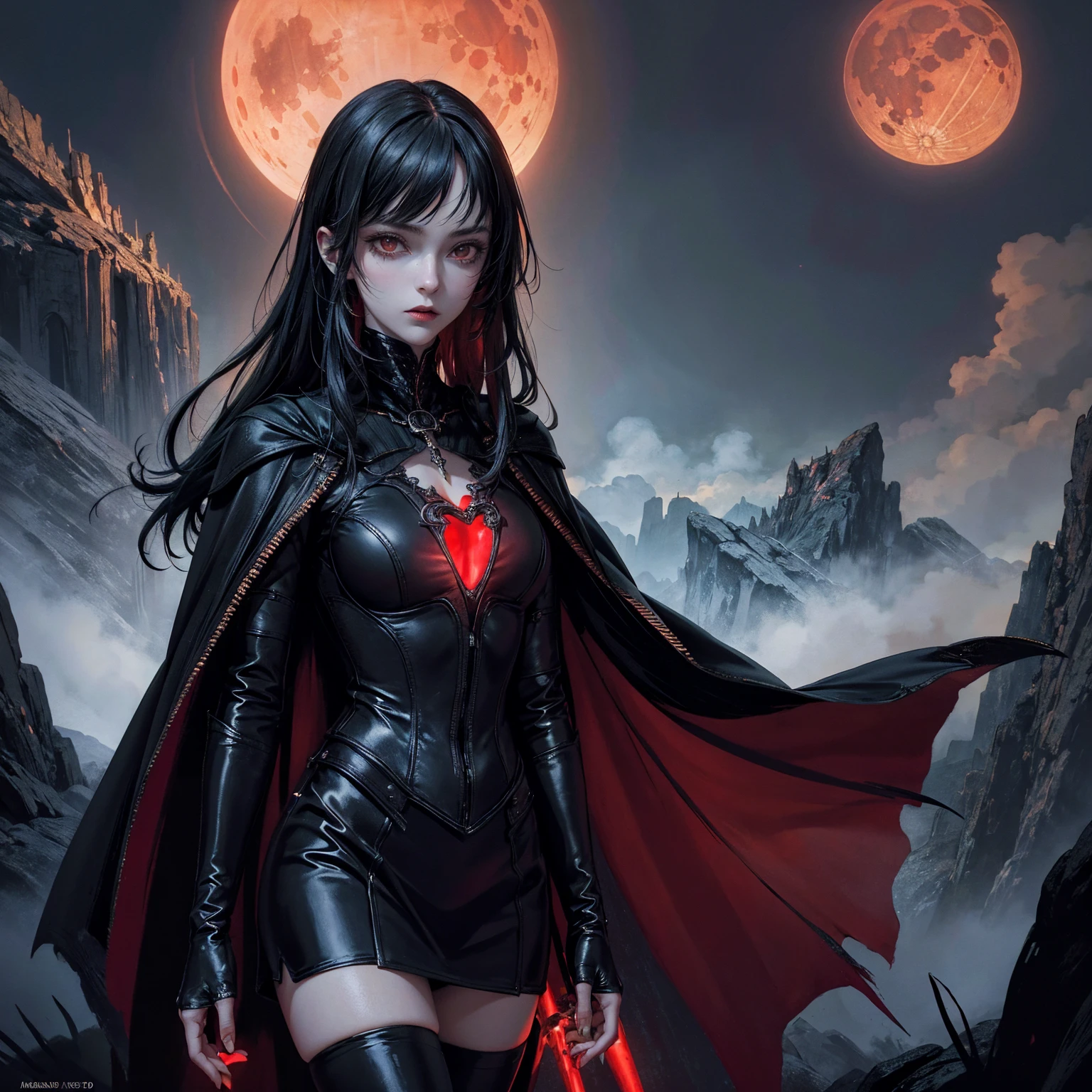 best quality, 4k, high resolution, masterpiece:1.2, Very detailed, actual:1.37, Mood lighting, Girl in a long cape, Wearing a reflective rubber latex skirt that shows a little skin above the chest, Dangerous sneer, Black Hair, Standing, Face facing the camera, Crucified, Pitch black sky, Blood-red moon, strange atmosphere, Gothic style, Unforgettable beauty, Dramatic shadows, Ethereal Light, Mysterious atmosphere.