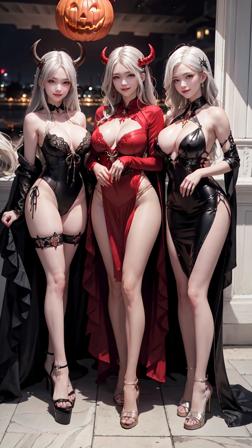 masterpiece, Highest quality, Highest quality, Beautiful and aesthetic:1.2, Three Girls, Halloween night, Wearing a devil costume, Detailed, ((Red eyes:1.8)), Stand side by side in seductive poses with thrusting breasts, ((Large Breasts:1.5)), Hard chest, Shapely breasts, Slim figure,
break
((Gray Hair, Red inner hair)), Wavy Hair, (Medium Hair:1.2), (Asymmetrical bangs:1.2),
At a Halloween venue decorated for Halloween late at night, (Full Body Shot:1.1),