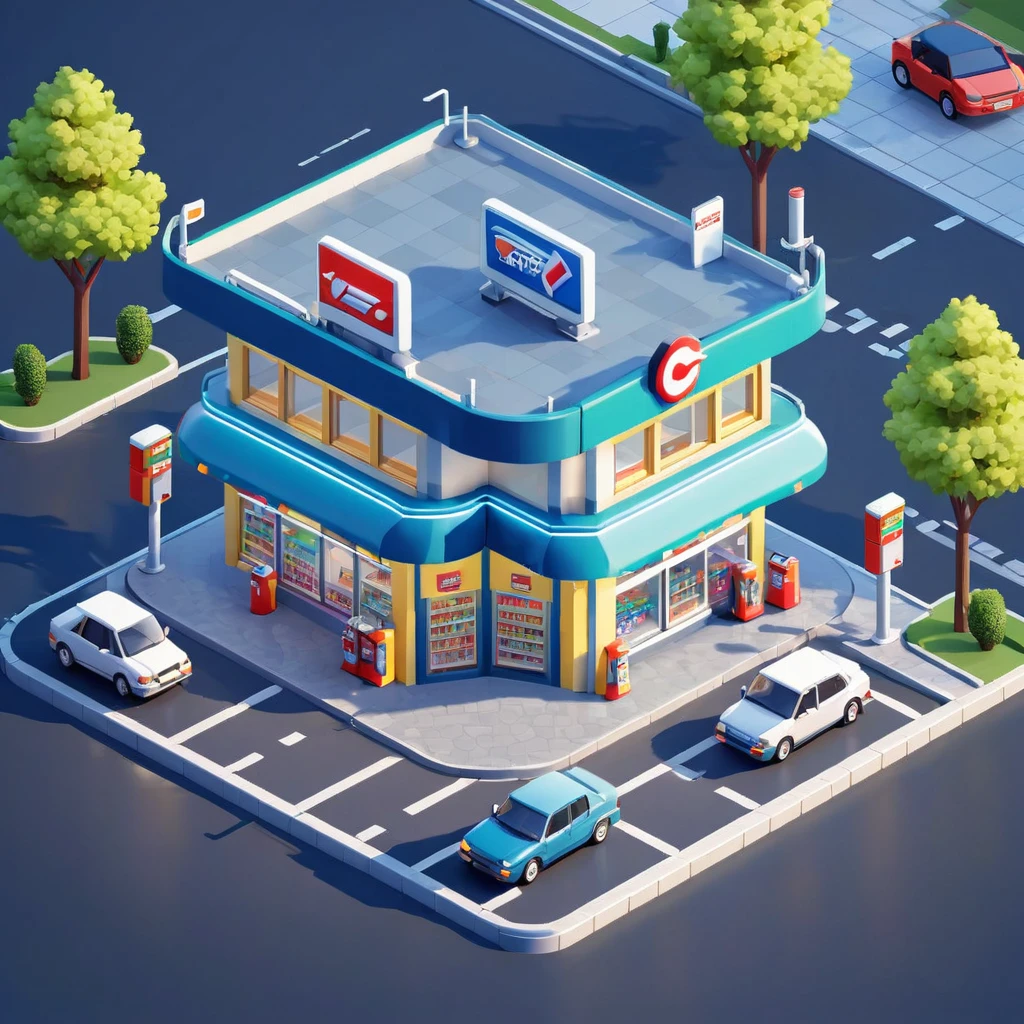 Convenience store，Street Lights，Outdoor dining tables and chairs，crossroads，Gas station，car，Isometric Art, 3D Isometric, Isometric pixel art，Simple background，MG_ip