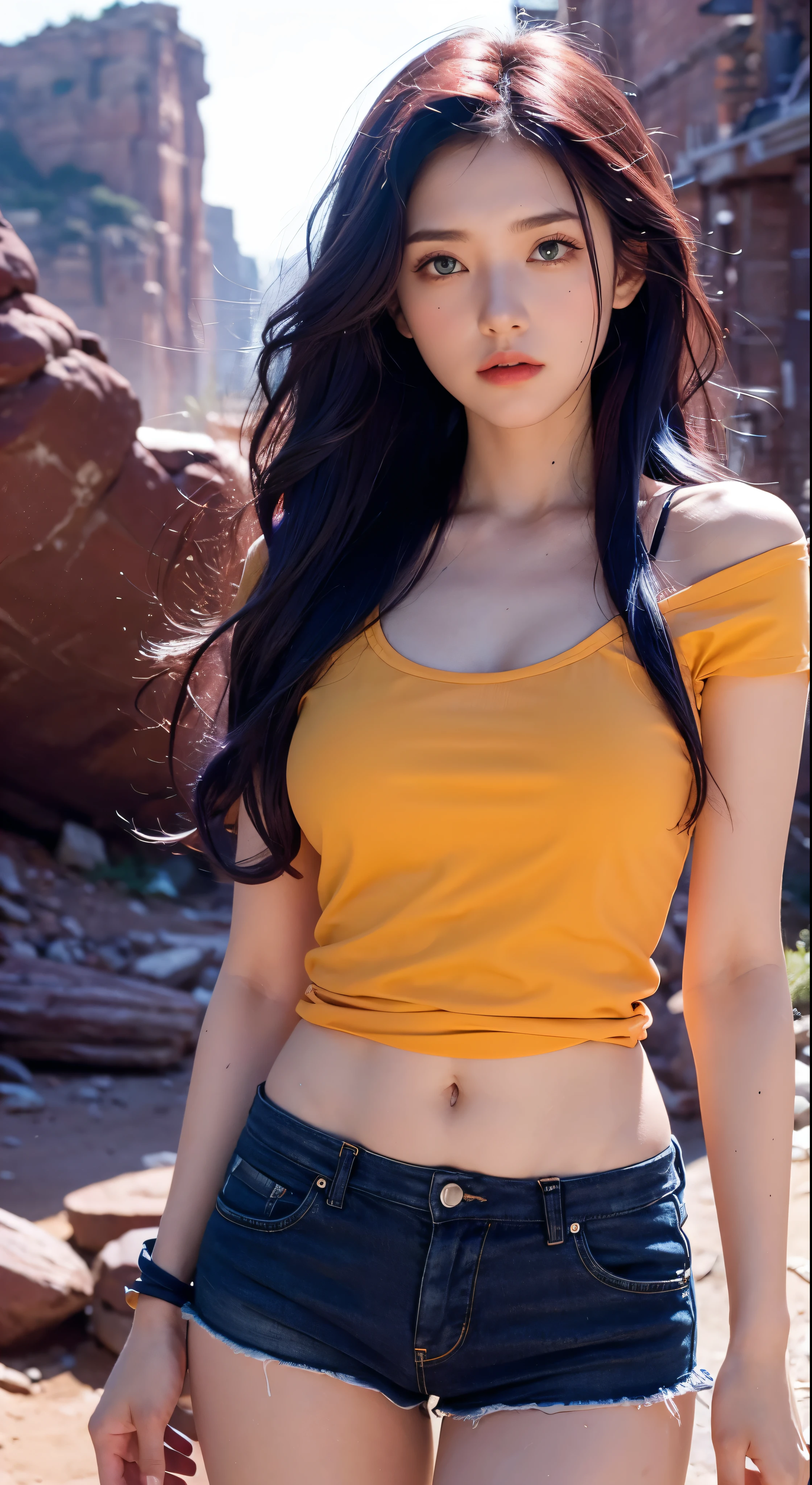Bright shot:1.3)、Epic Realism、Yellow Eyes、Girl Raider、(One Girl)、Red T-shirt Top、wavy hair 1.4、(Navy Blue Hair)、Long Hair、Navy blue and orange color scheme、Badlands and canyons aesthetic!!ruins、Soft cinematic lights、Adobe Lightroom、darkroom、HDR、complexity、Green bracelet on arm、Red sling strap on fabric waist、Thongs under shorts