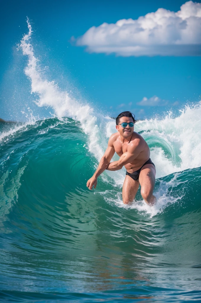 handsome man in his 30's Deep double moat A fresh and lovely smile wild stylish Similar to Takashi Sorimachi Surfer Fashion rich sunglasses No tattoos