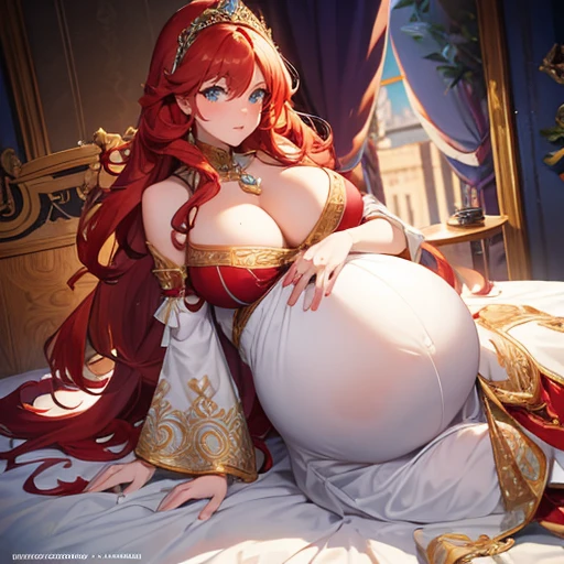  pregnant queen, wavy red hair, blue eyes, ornate white dress, cleavage 