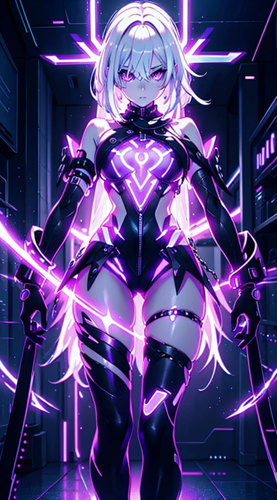 Beautiful, women, Cara sexy, yellow eyes, by white, Skinny body, pose sexy, pink stockings, mecha, neon sign, led night city, , high quality, realist, beautiful light, full detail, ( purple mini skirt) ( thigh high boots) long purple hair in pigtails with her tongue out and holding a pole on a stage