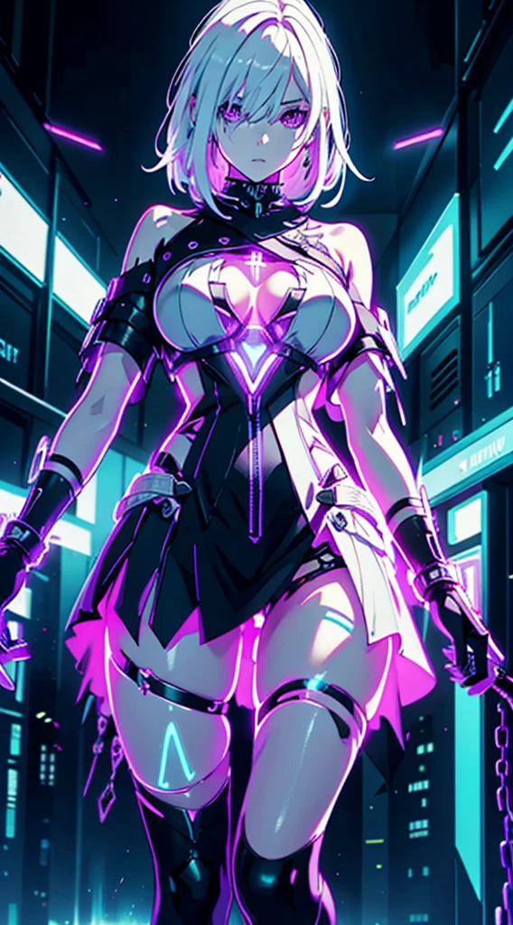 Android Girl,white hair,short and messy hair, purple neon eyes, Holding a chain whip, chains on the hands, circular chains over body, cute, skirt, white blouse, cyberpunk style, eletronic gloves, mecanic parts, eletronic details,living room background.HD lighting and dark )(epic image quality) dark atmosphere with bright particle light(many effects in background), fullbody shot, robot, neon tweaks, cyberpunk theme