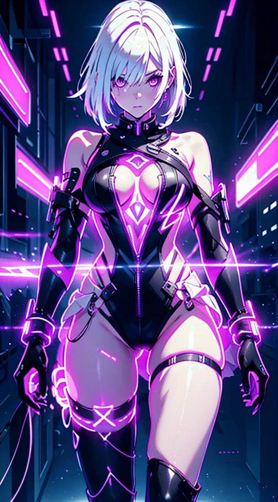 Android Girl,white hair,short and messy hair, purple neon eyes, Holding a chain whip, chains on the hands, circular chains over body, cute, skirt, white blouse, cyberpunk style, eletronic gloves, mecanic parts, eletronic details,living room background.HD lighting and dark )(epic image quality) dark atmosphere with bright particle light(many effects in background), fullbody shot, robot, neon tweaks, cyberpunk theme