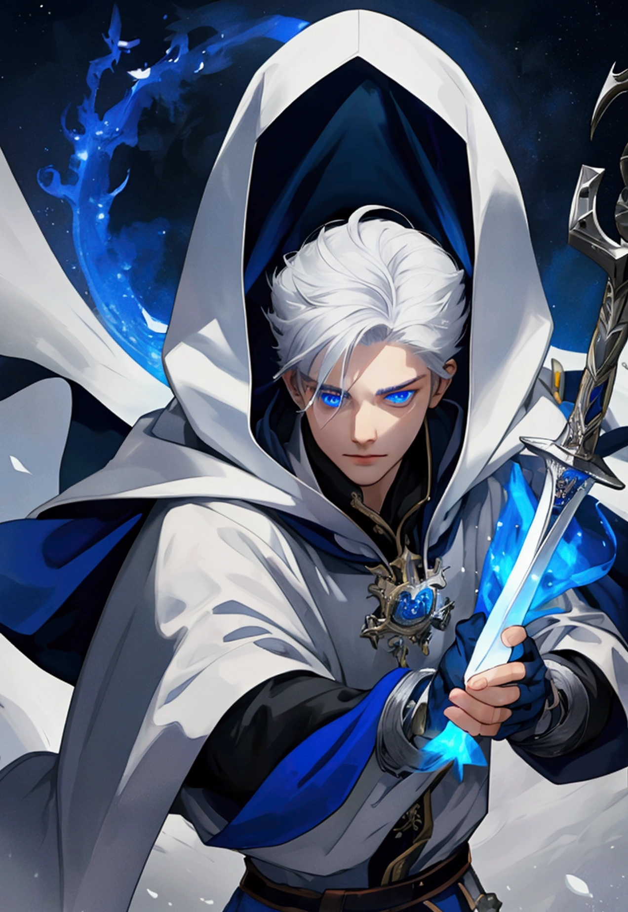 Wizard a young man, he has a silver hair and blue eyes, he wear a hood and wear gloves , hold sword with hand.