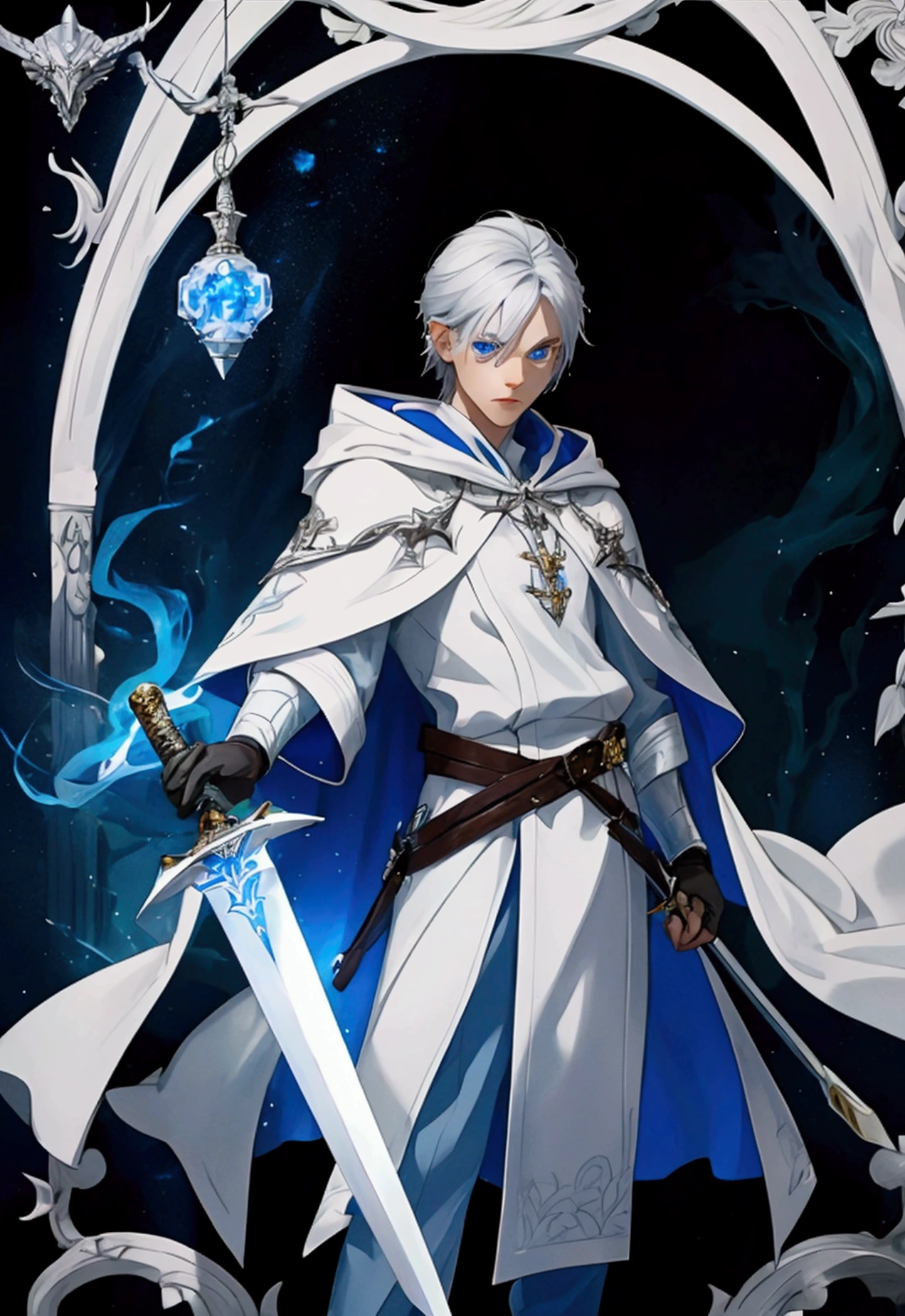 Wizard a young man, he has a silver hair and blue eyes, he wear a hood and wear gloves , hold sword with hand.
