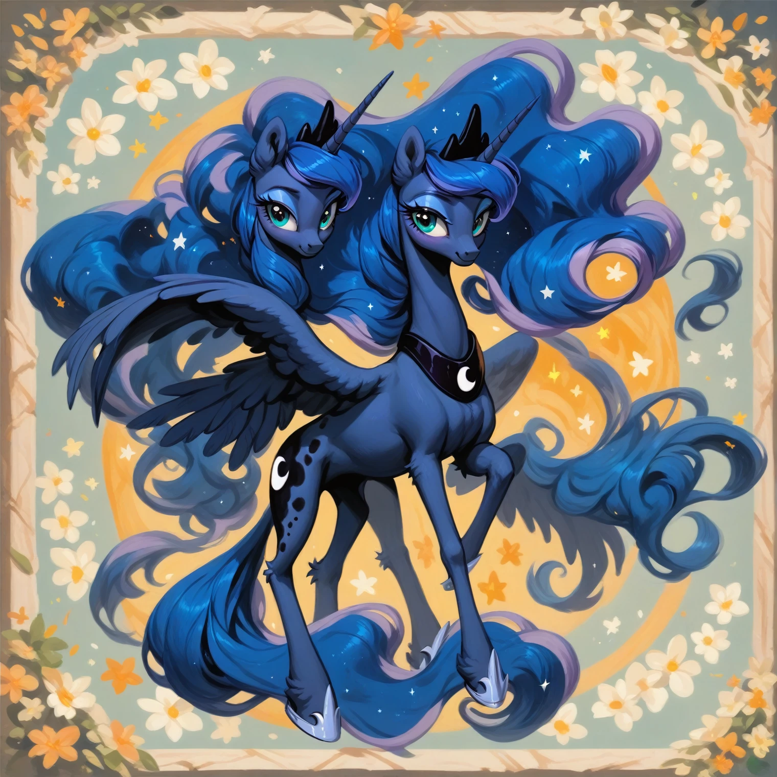 score_9, score_8_up, score_7_up, score_6_up, score_5_up, score_4_up, rating_safe, feral pony, princess luna, fluffy ears, smile, beautiful, pretty, eyeshadow, starry eyes, long mane，only 4 legs