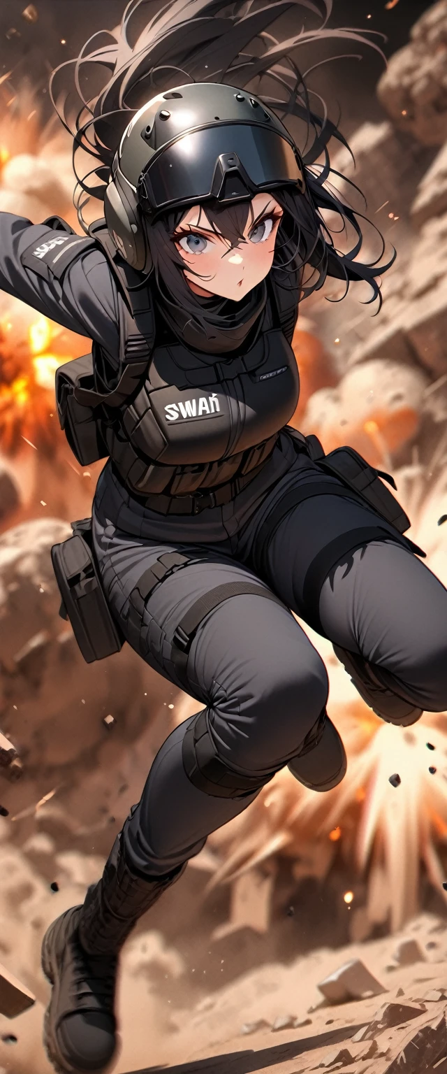 (masterpiece),(Highest quality),(High resolution),(Very detailed),One Woman,Japanese,Black Hair,Short Bob,Beautiful Eyes,Long eyelashes,Beautiful Hair,Beautiful Skin,strict,whole body,break(((Huge explosion behind woman))),Jump to escape the explosion,(Dynamic Movement),((Small machine gun)),SWAT Uniforms,Black bulletproof vest, Combat Boots,Black Tactical Forster,Tactical Headset,Tactical Helmet,(The background is the rubble of ruins),(((Background Blur)))
