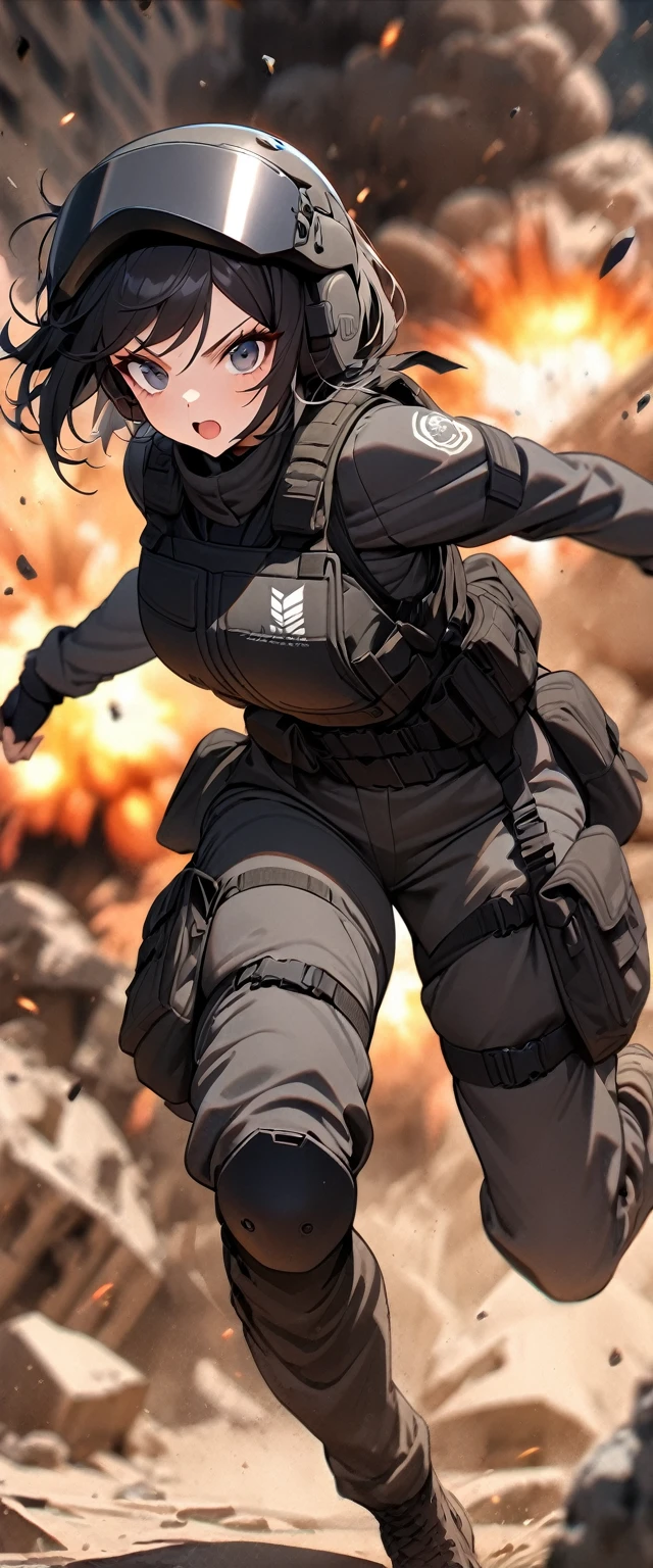 (masterpiece),(Highest quality),(High resolution),(Very detailed),One Woman,Japanese,Black Hair,Short Bob,Beautiful Eyes,Long eyelashes,Beautiful Hair,Beautiful Skin,strict,whole body,break(((Huge explosion behind woman))),Jump to escape the explosion,(Dynamic Movement),((Small machine gun)),SWAT Uniforms,Black bulletproof vest, Combat Boots,Black Tactical Forster,Tactical Headset,Tactical Helmet,(The background is the rubble of ruins),(((Background Blur)))