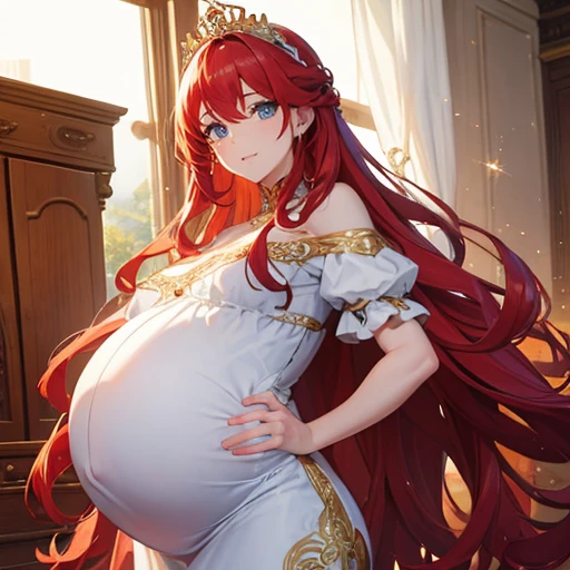 pregnant queen, wavy red hair, blue eyes, ornate white dress,