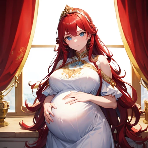 pregnant queen, wavy red hair, blue eyes, ornate white dress,