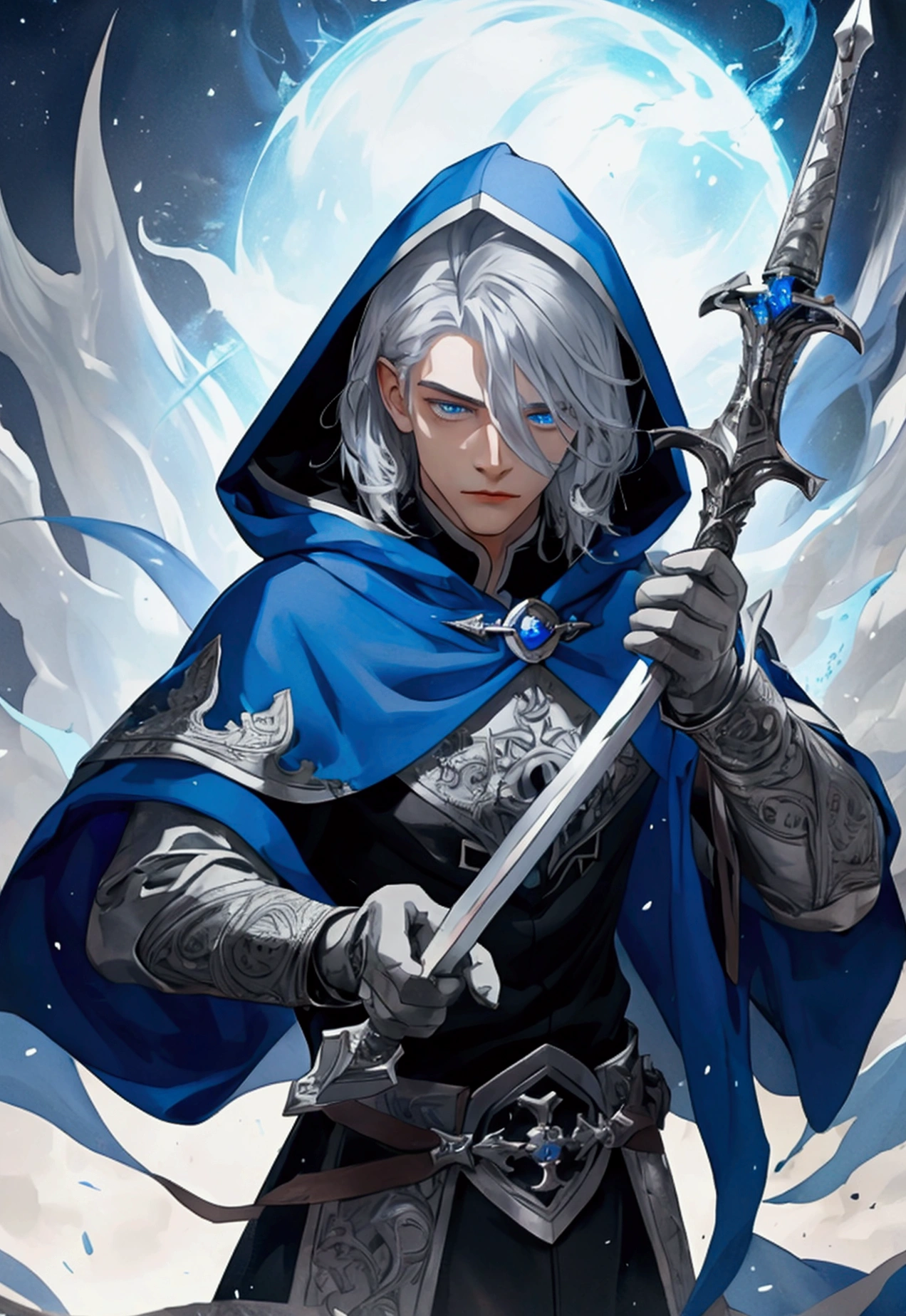 Wizard a young man, he has a silver hair and blue eyes, he wear a hood and wear gloves , hold sword with hand.