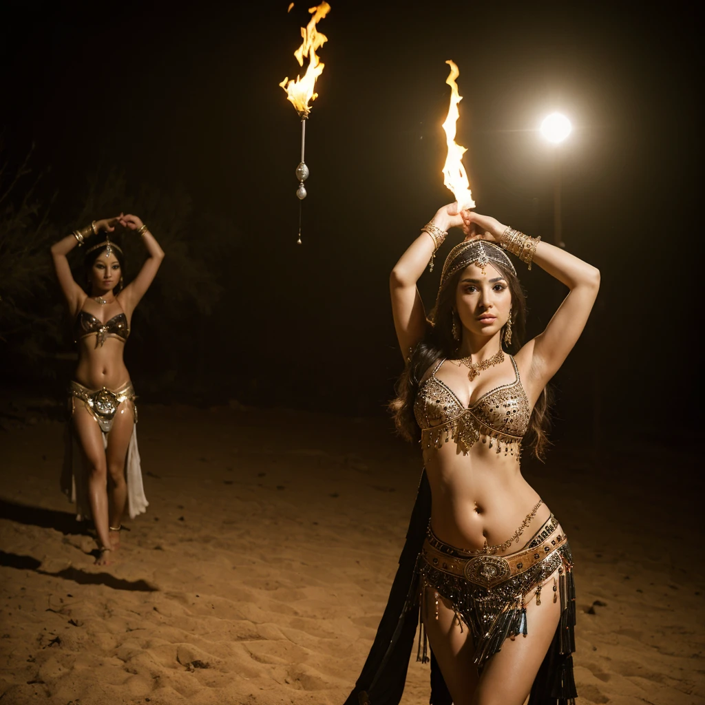 a beautiful model cyberpunk criminal young man, strong muscular man, dark hair, grey eyes, tattooed, short beard, standing in a desert oasis, bare chest, Arabic turban, white linen trousers, looking away from camera, at night, arms up behind head, side light, dramatic light contrast, low key lights, torches in the background, sitting by camp fire, (belly dancers girls in the background:1.5), Skin Textures, High Resolution, Cinematic