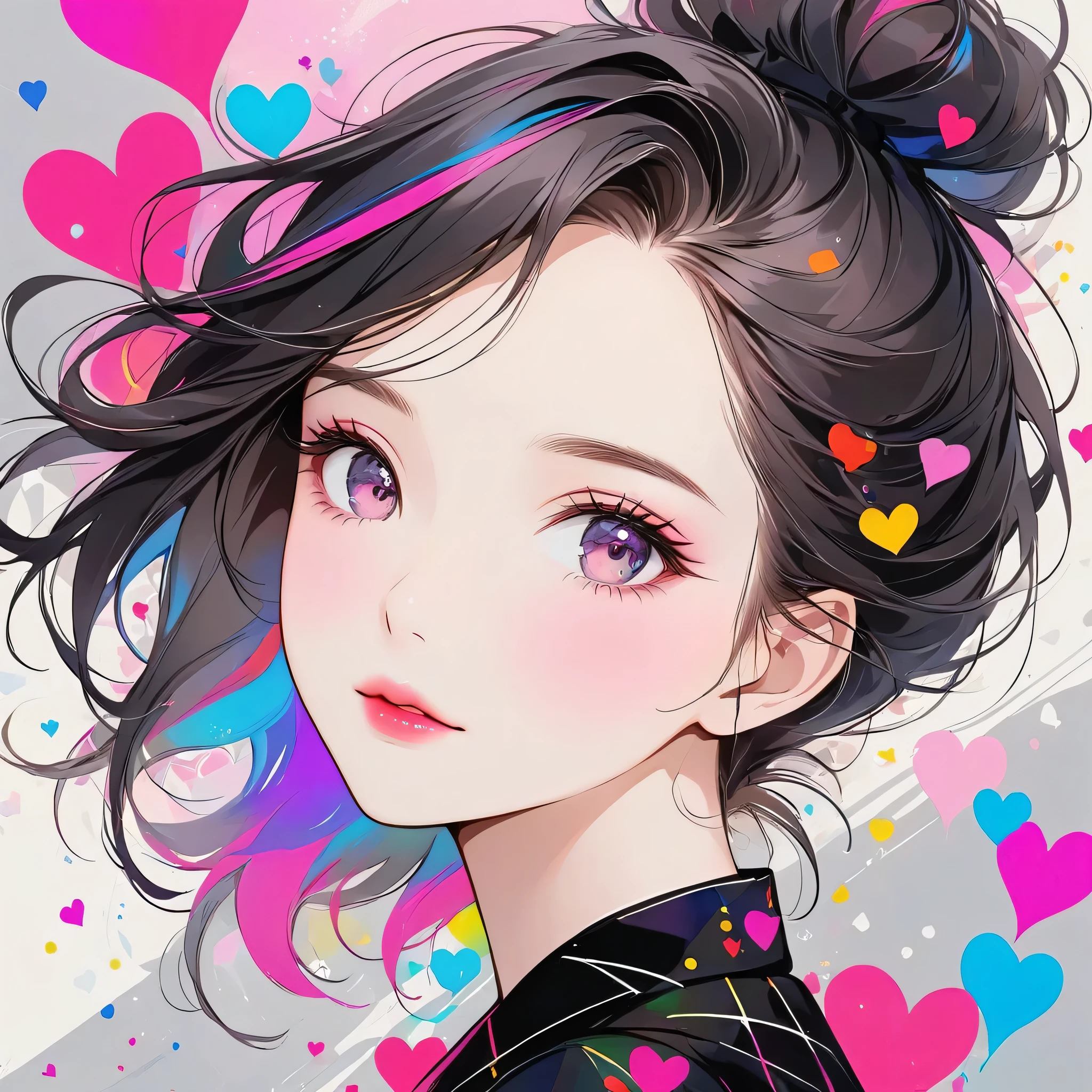 Black Star Pink and White style, Simple Line Initialism，Abstract art，Urban Background, (((The most beautiful girl of all time))), Sweet face. Lips in love, colorful hearts, stylish design