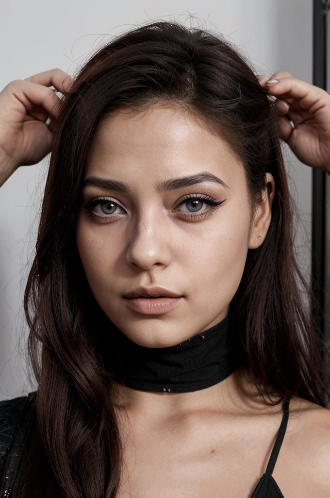 un contact visuel d'une femme tunisienne, jeune, sexy, compliqué, eye-liner graphique, surexposé, sourcils fins, Lèvres, éclairage des silhouettes, filtre grunge désaturé