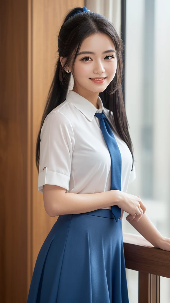 masterpiece, Highest quality, High resolution, Very detailed, Detailed Background,(Fraurem Chrome, (Black Hair, Semi-long hair, Blue ribbon in ponytail),(White blouse, Blue short ribbon tie, Blue long skirt), small, Neat, Iris,study, A kind smile), Scale out, Chic study, vase