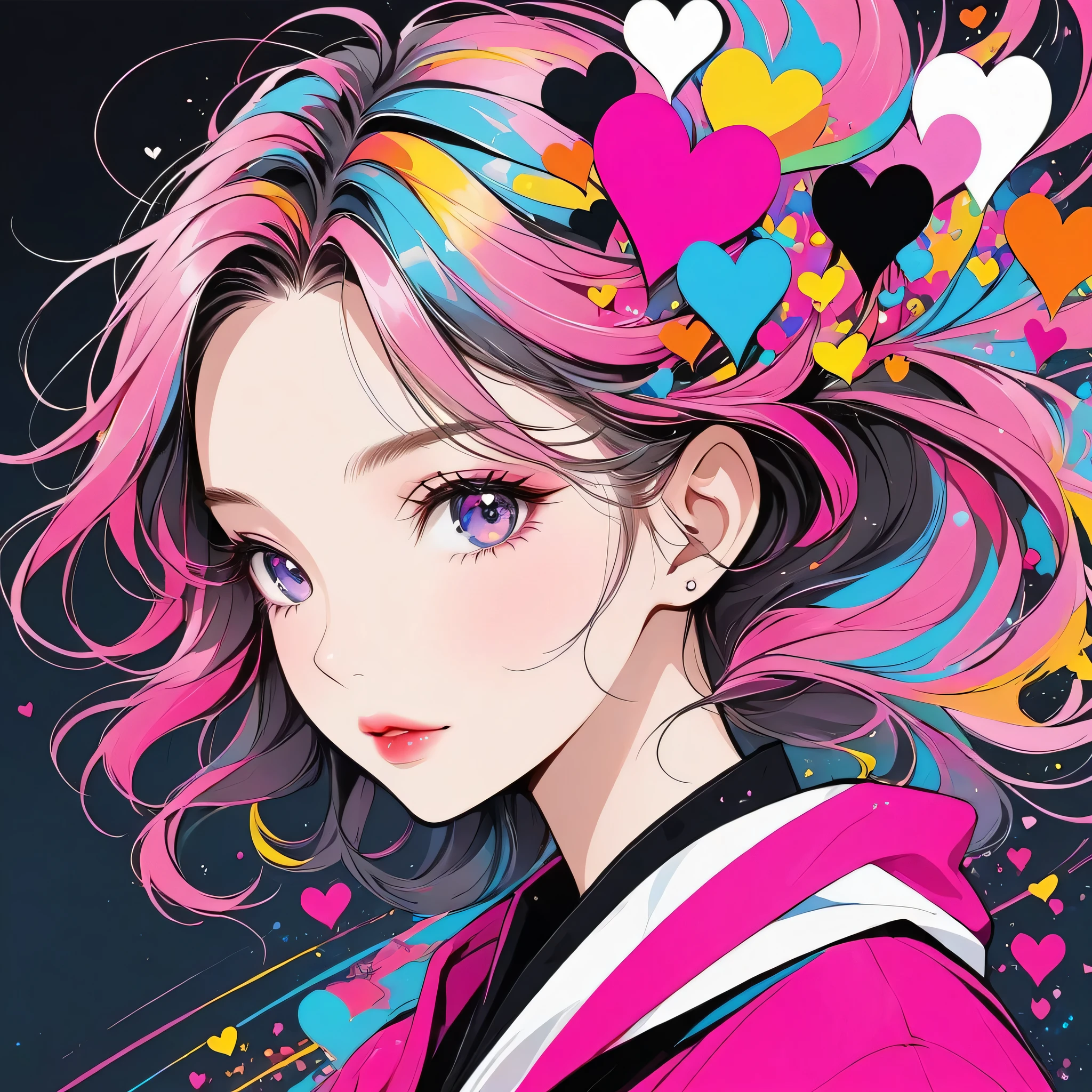 Black Star Pink and White style, Simple Line Initialism,Abstract art,Urban Background, (((The most beautiful girl of all time))), Sweet face. Lips in love, colorful hearts, stylish design