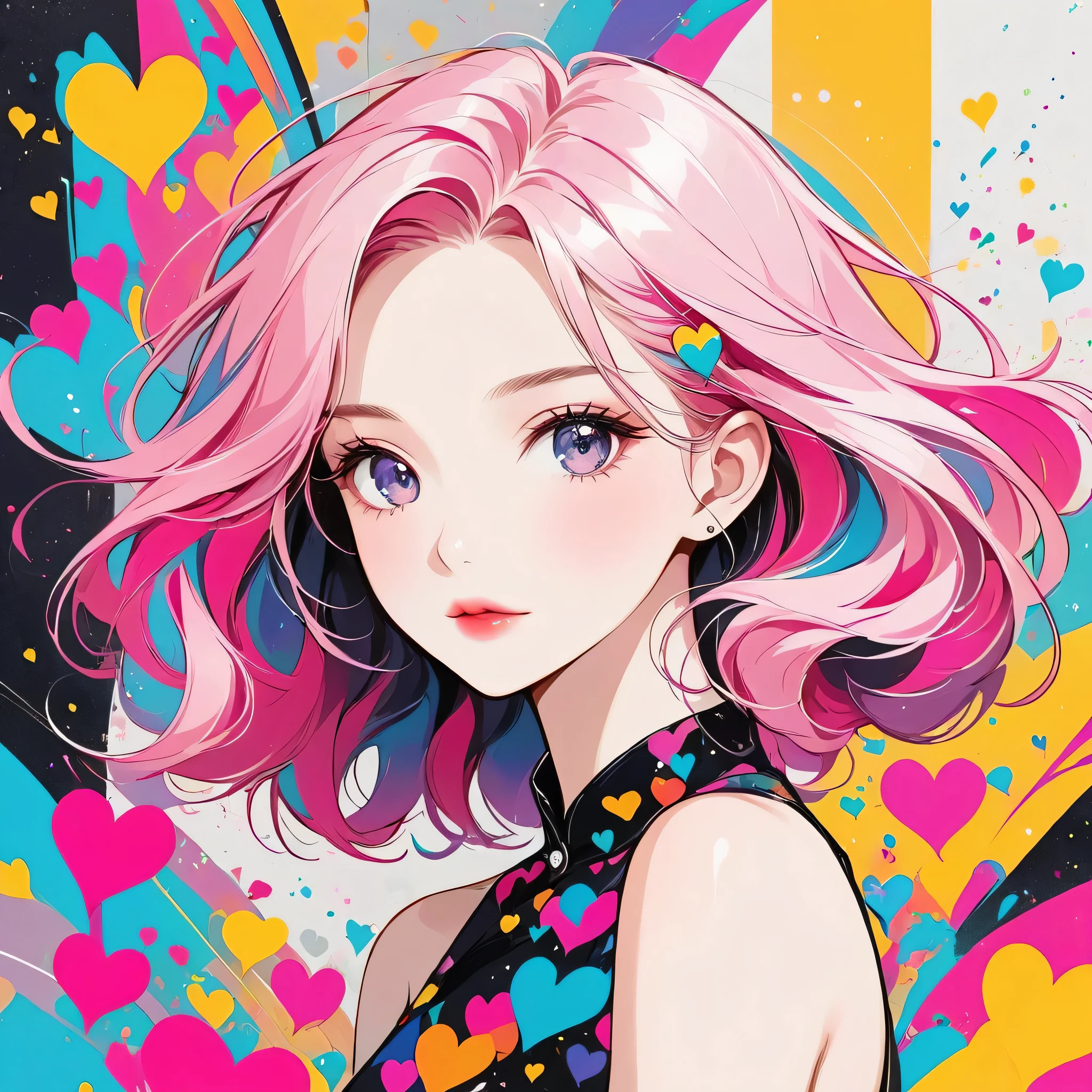 Black Star Pink and White style, Simple Line Initialism，Abstract art，Urban Background, (((The most beautiful girl of all time))), Sweet face. Lips in love, colorful hearts, stylish design