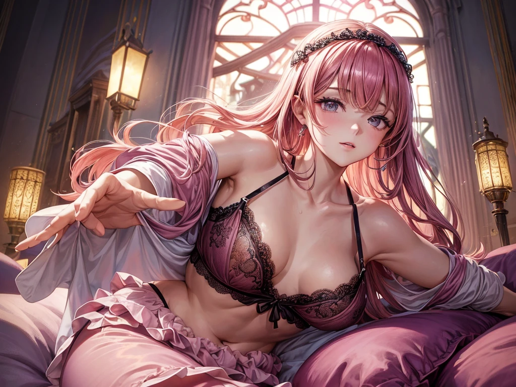 Megurine Luka, pink hair, anime, blue eyes, beautiful style, (dress that covers only the and crotch), loose costume, (seductive anime girl), night, in the room, full body, dry skin, on the bed,