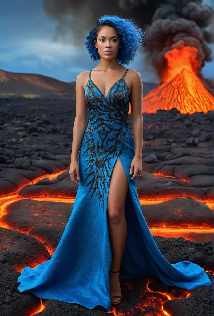beautiful biracial woman, full body, magma dress, blue eyes,blue hair,in volcan, magma on the floor, fire and heat,