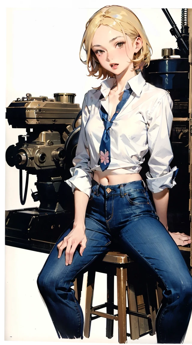 masterpiece, best quality, high resolution, draw, comic, hyper realism, lea1452, (alone:1.2), short hair, blond hair, slim body, small breasts, ((wearing blue jeans and white shirt)), very soft light, black night, concept art, horror, dark, very dark, art by Yoji Shinkawa, ink and watercolor, ((concept-art)), ((white background))　master chiet tomando un cafe　　poster,(by mucha:1.2),((art deco,Botanical Art,Floral Art)),(floral:1.2),lily flower,
(masterpiece, highest quality),(vibrant colors,colorful),(amazing details,detailed background),anatomically correct,Accurate drawing,Detailed drawing,high-class sense,

 lotus position:1.6, sitting, girl, bare thigh, bare stomach, (brown eyes),
(School uniform:1.5), pillow, open mouth, big breasts, 　8k,absurdres, highres, ultra detailed, masterpiece, sharp shading,under,Tatsuyuki
1girl,kid,abandon staion,monocolor,gaint machine,(obsolete machine:1.3)（Wear black stretch pants for the waist hole、Match the color and texture of the fabric、Match shading）、（Accurately fit the fishing belt、Match color and texture）
(solo:1.2),1girl,masterpiece,