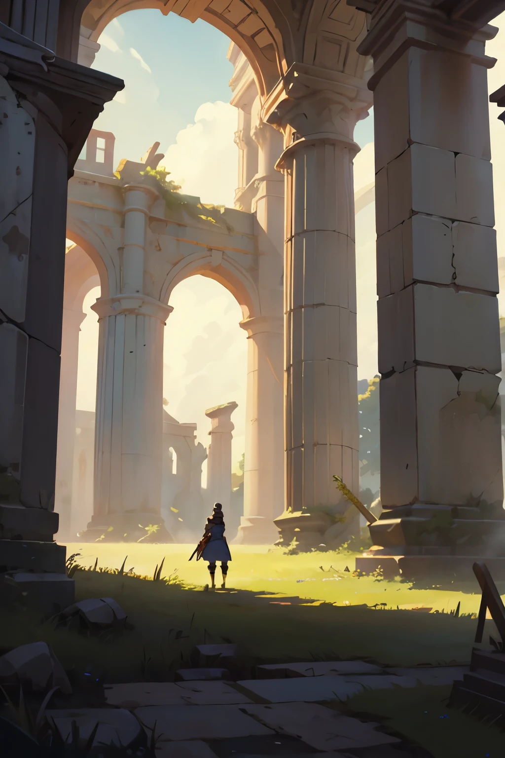 anime styling, completely empty front background, Devastated field. ruinas medievais em anime styling, many ruined pillars.