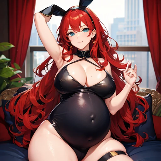 Beautiful, sexy, pregnant queen, wavy red hair, blue eyes, tight black bunny bodysuit, cleavage, bunny ears