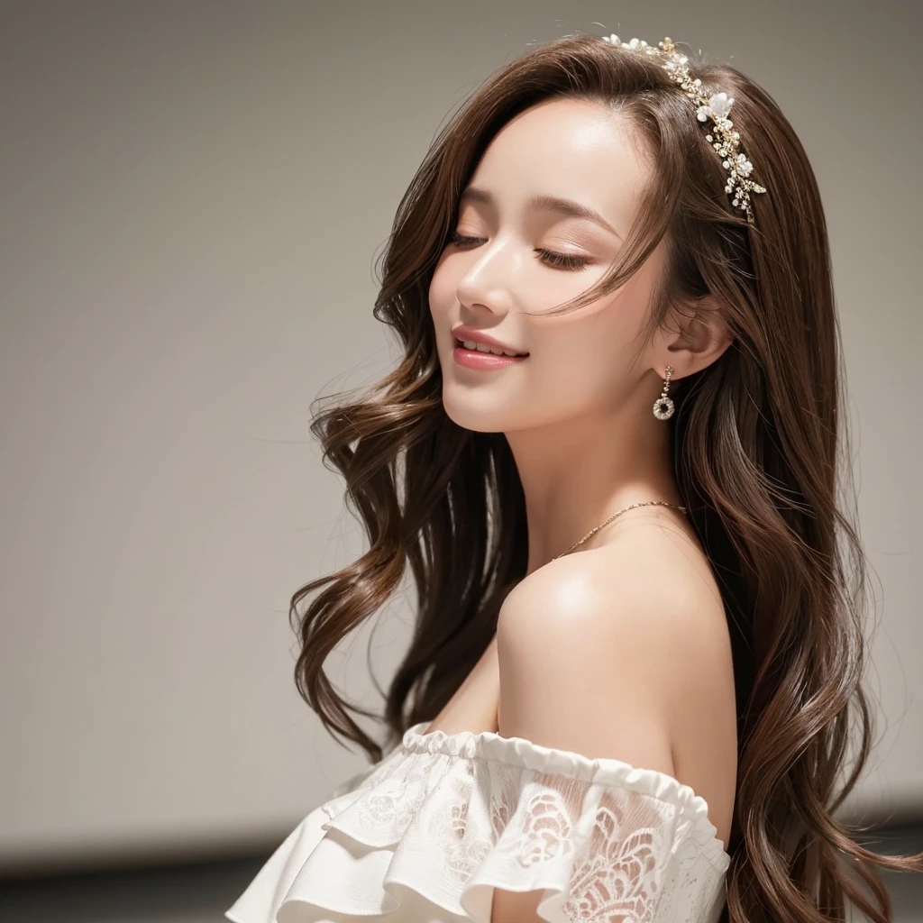 (Highest quality, masterpiece), 1 adult female,Off-the-shoulder white dress,Upper Body, A simple background with musical notes scattered throughout, View your audience,Semi-long hair with a center part that exposes the forehead ,Calm brown hair,Loosening perm,Close your eyes and laugh