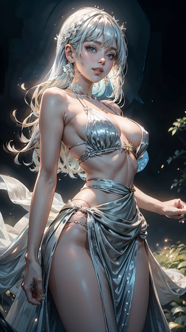 a woman in a silver dress standing in front of a castle, smiley face smile on face, huge breasts, hot body curves, lalisa manobal, skinny girl in white boho dress, white sarong, photo of slim girl model, photo of slim girl, lalisa manoban of blackpink, trending on pixv, trending on tiktok, popular on instagram, anime thai girl, wearing crop top and miniskirt