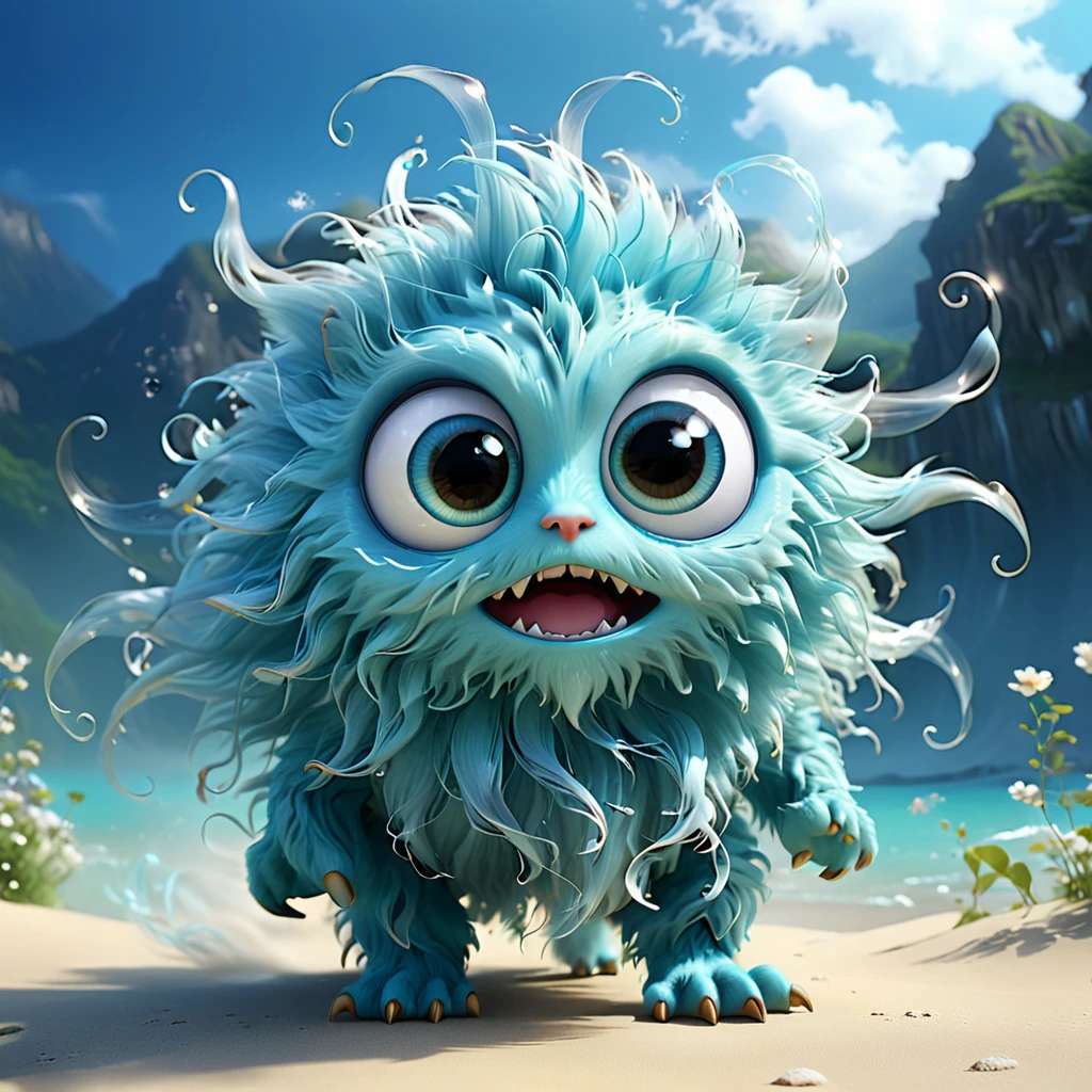 Wind A cute wind monster with big eyes and flowing, transparent strands, breezily swaying. The monster is light blue and has a gentle, airy appearance. --ar 1:1 --v 6.0 --3D render