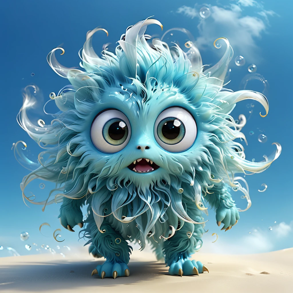 Wind A cute wind monster with big eyes and flowing, transparent strands, breezily swaying. The monster is light blue and has a gentle, airy appearance. --ar 1:1 --v 6.0 --3D render