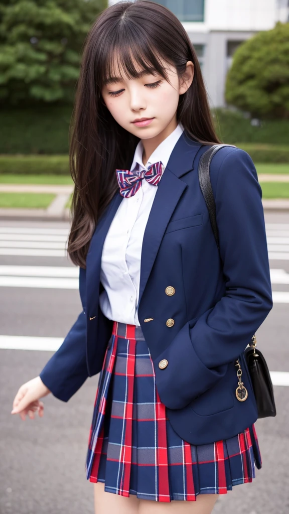 Japanese 18 year old high school girl、Navy blue blazer uniform、Red and blue checkered mini skirt、closes right eye