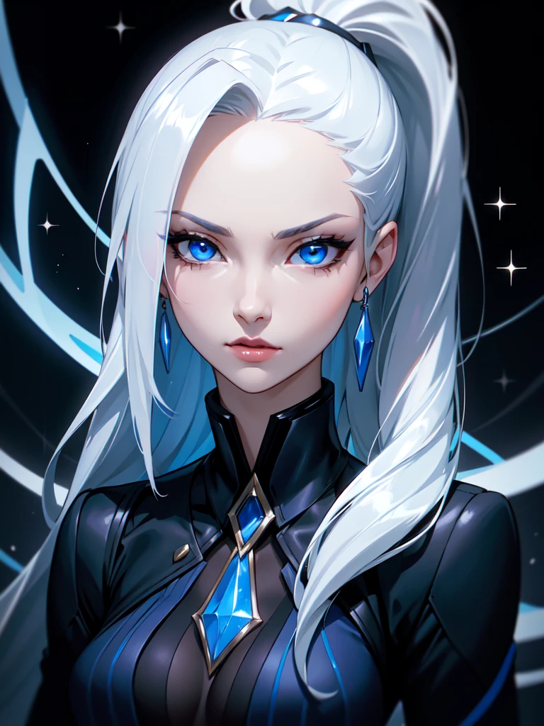 (((Portrait Photo))), She has a Striking, Confident 18-Year-Old Appearance, with a Sleek, Slim Build, an Elegant Figure, and a Determined Demeanor. She has Long, Silky White Hair, Tied in a High Ponytail, with Strands Falling Over Her Forehead. Her Blue Eyes Sparkle with a Cool and Focused Look, Reflecting a Sense of Precision and Calm Authority. She Wears a Black, High-Collared Suit, Adorned with Blue Accents and Metallic Details. (((High Quality, Dark Background))), (((Portrait Photo)))