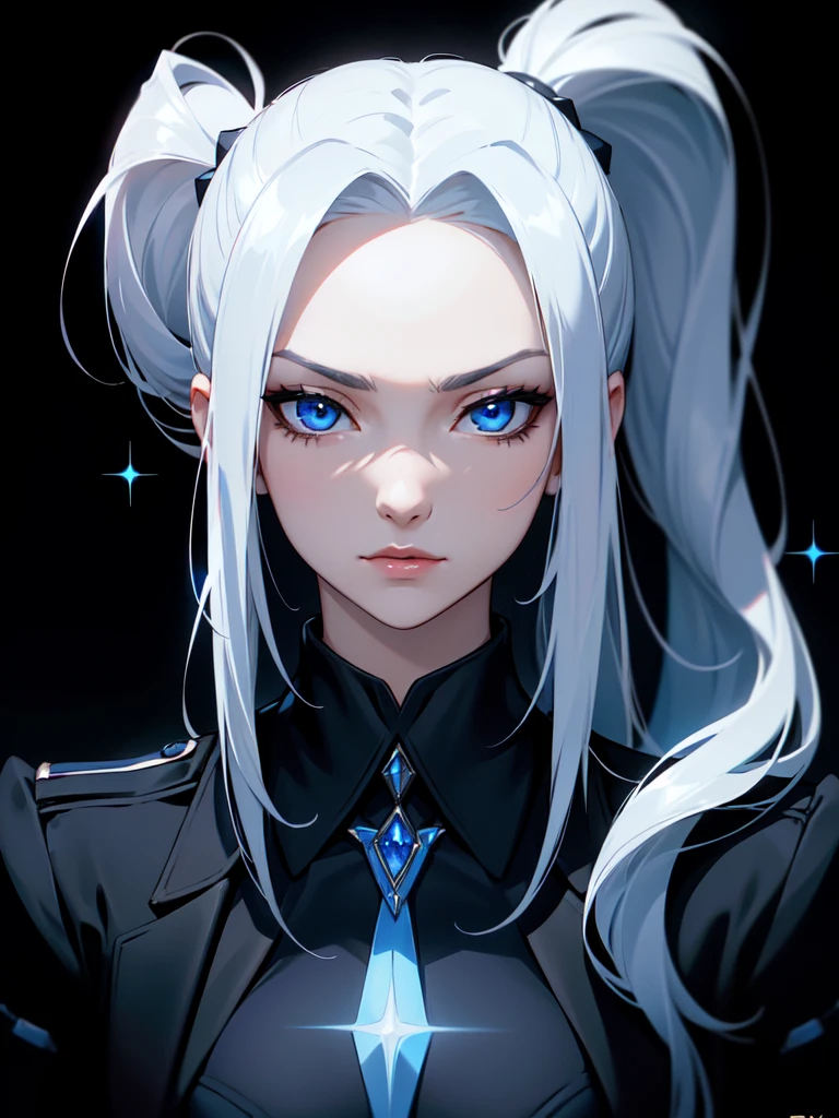 (((Portrait Photo))), She has a Striking, Confident 18-Year-Old Appearance, with a Sleek, Slim Build, an Elegant Figure, and a Determined Demeanor. She has Long, Silky White Hair, Tied in a High Ponytail, with Strands Falling Over Her Forehead. Her Blue Eyes Sparkle with a Cool and Focused Look, Reflecting a Sense of Precision and Calm Authority. She Wears a Black, High-Collared Suit, Adorned with Blue Accents and Metallic Details. (((High Quality, Dark Background))), (((Portrait Photo)))